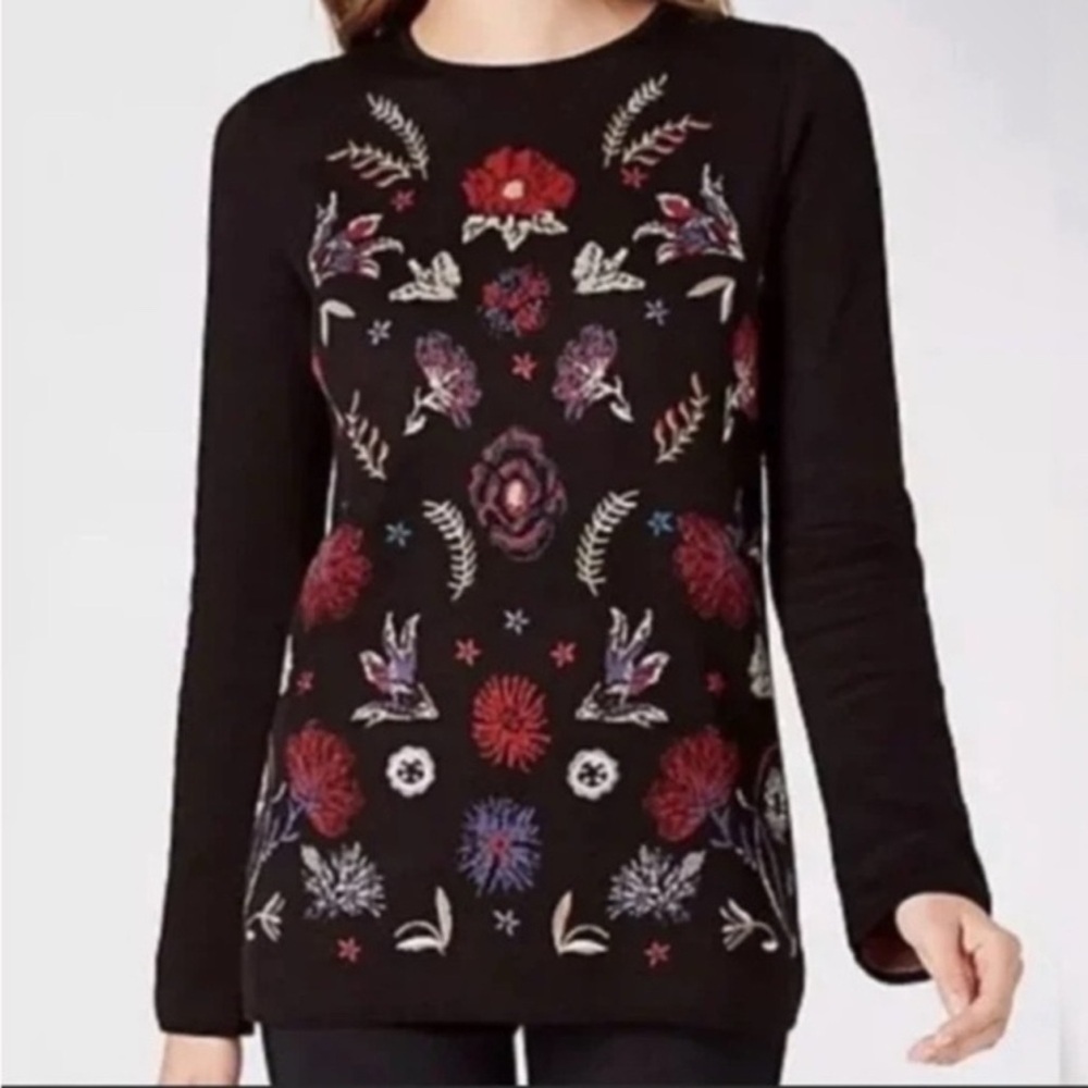 J. Jill Black Floral Embroidered Sweater Crewneck Pullover Size XS Stretchy
